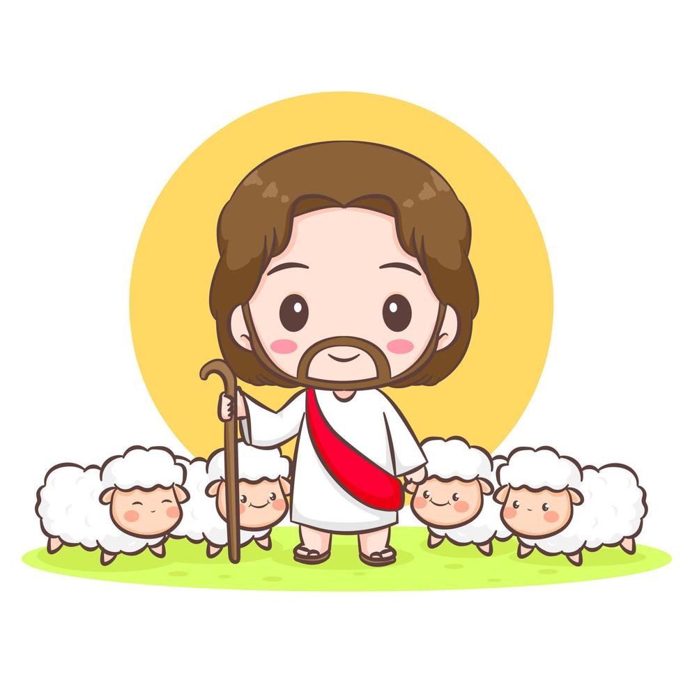 Jesus christ and the sheep chibi cartoon character vector