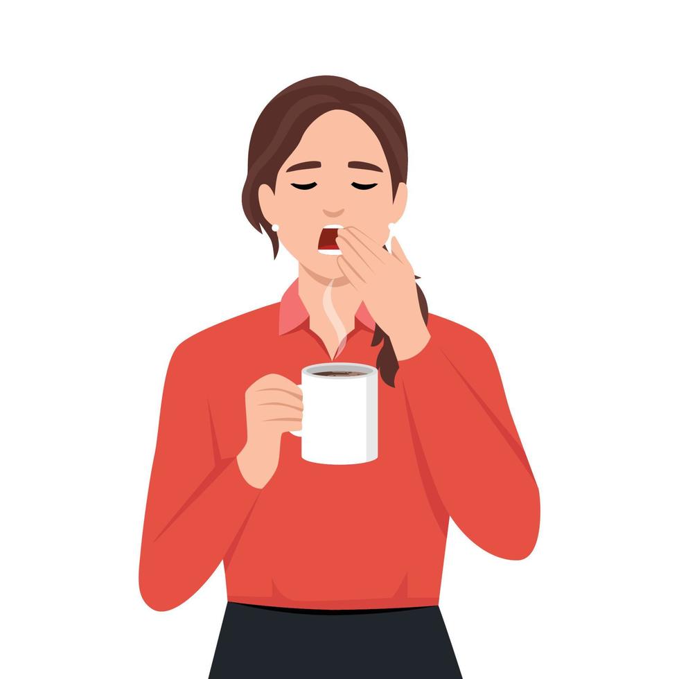 Young business woman yawning holding a cup of hot coffee with steam come out vector
