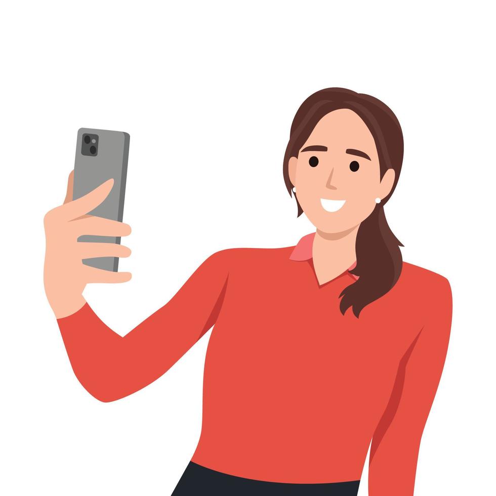 contento joven mujer en pie sonrisa, participación móvil teléfono su tomando selfie vector