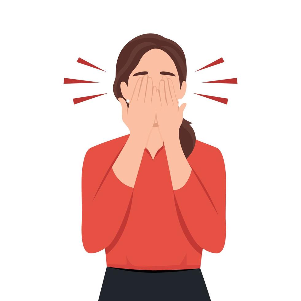 Embarrassed woman hiding her face out of shame. Shy person regret smth. and covering her eyes with palms. Unhappy female feeling frustration vector