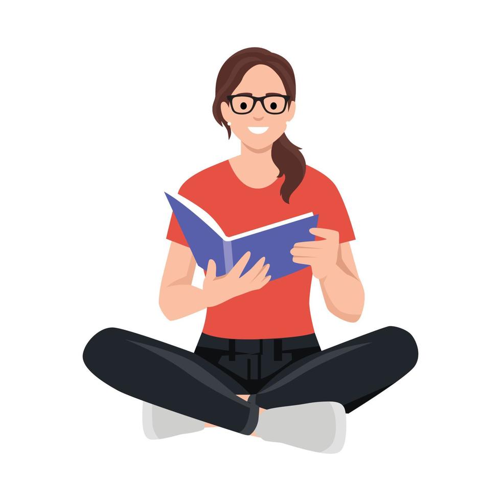 joven mujer lee un libro, piernas cruzado. ocio y educación concepto. el concepto de un libro festival, justo, leyendo vector