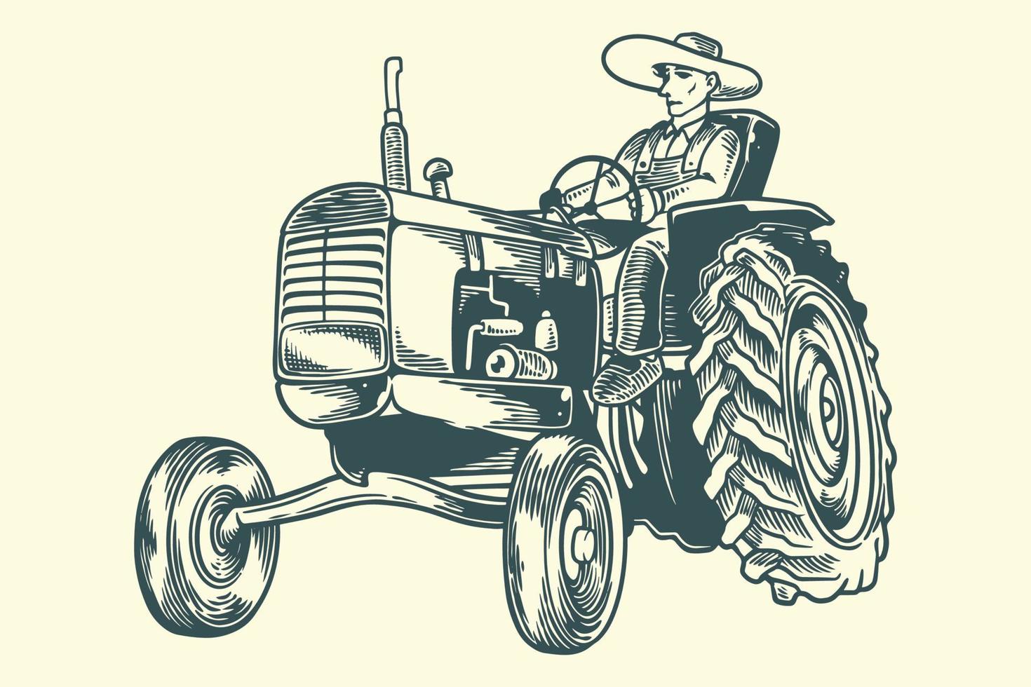 Hand drawing vintage old tractor with farmer in scandinavian style. vector