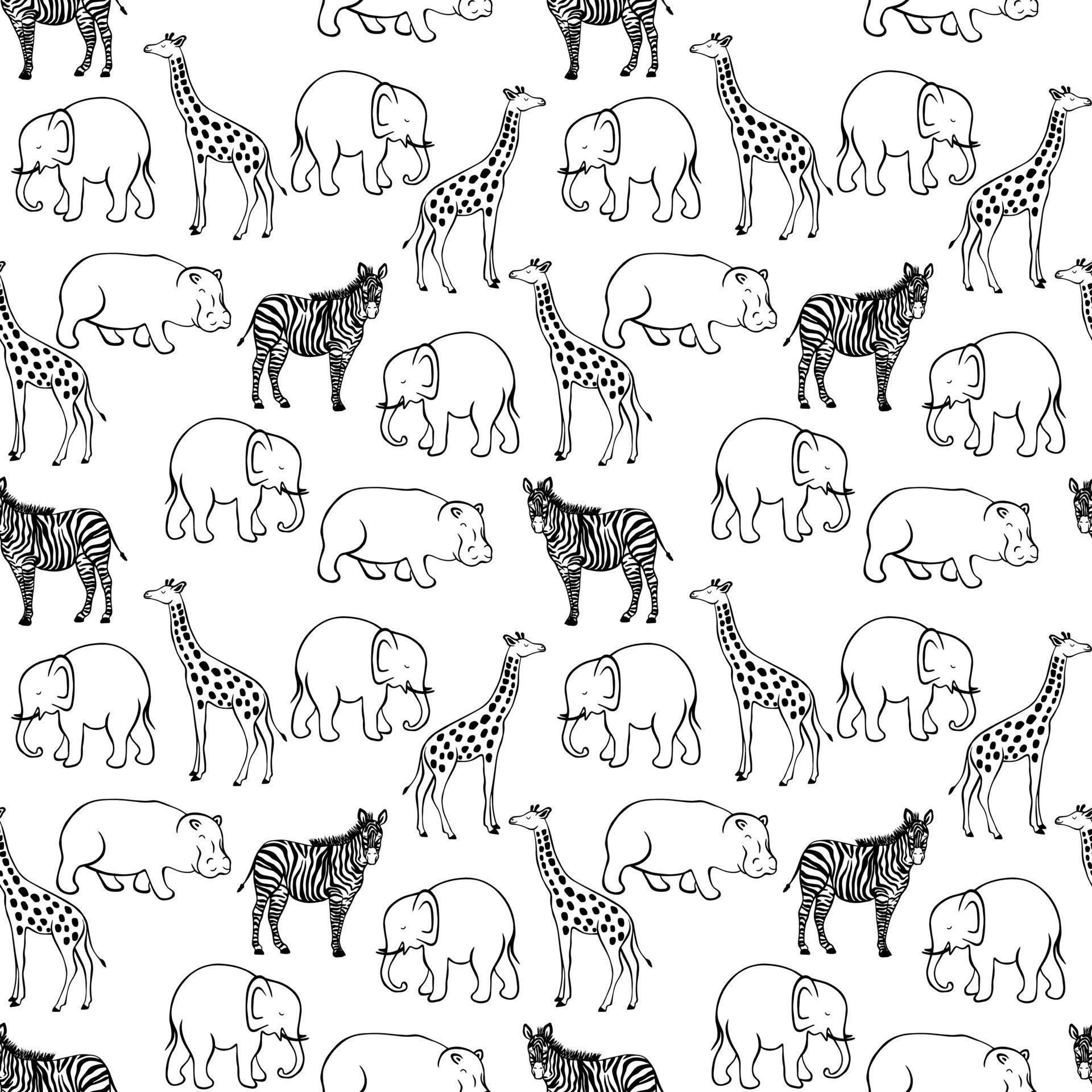 Sketch animal pattern. African, asian fauna background. Elephant, hippo