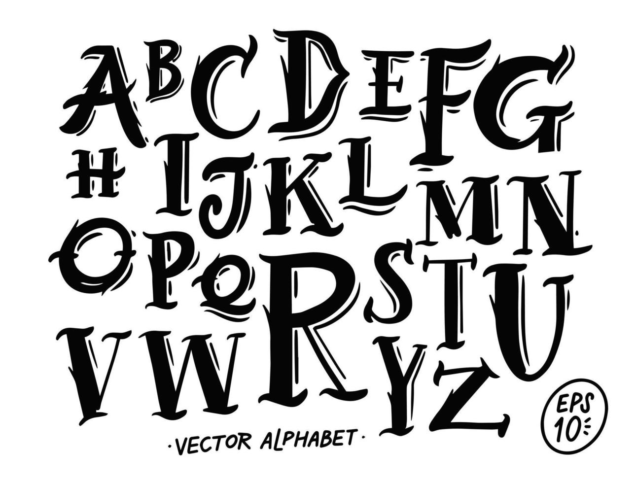 Decorative alphabet font. Hand drawn black color text signs. vector