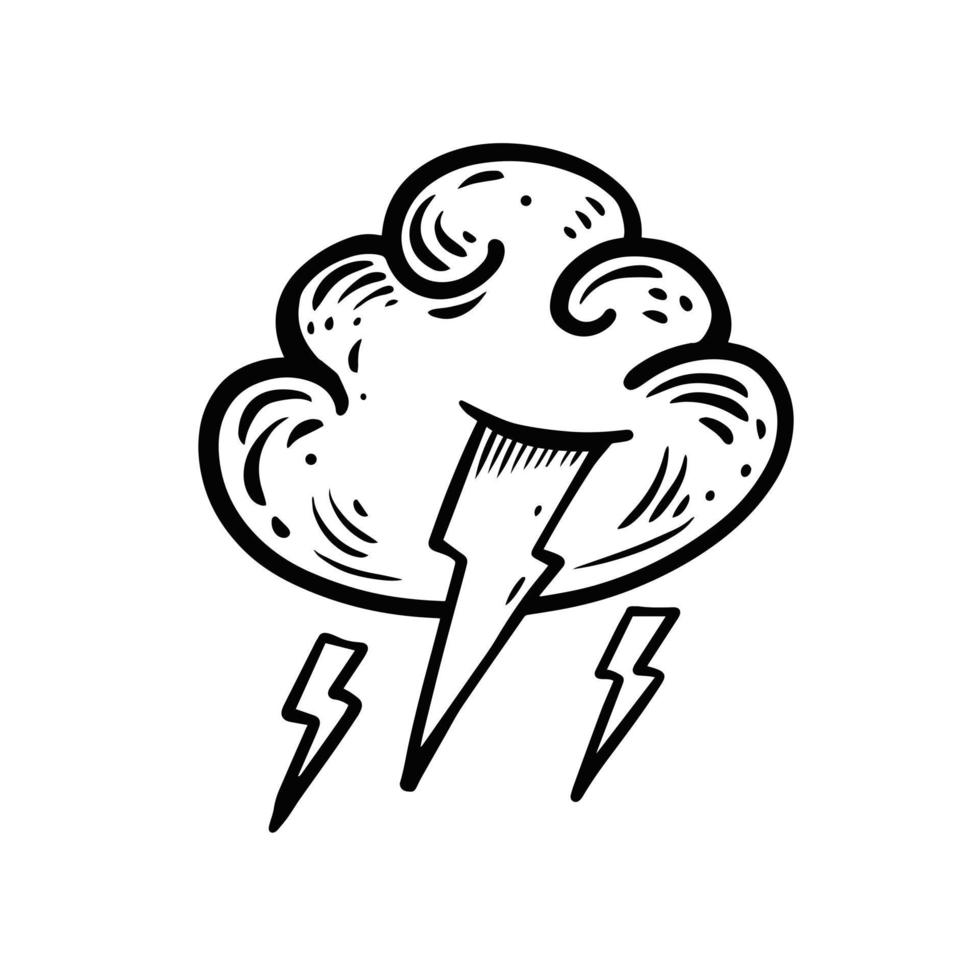 Cloud and Lightning engraving style vector illustration. Hand drawn black color.