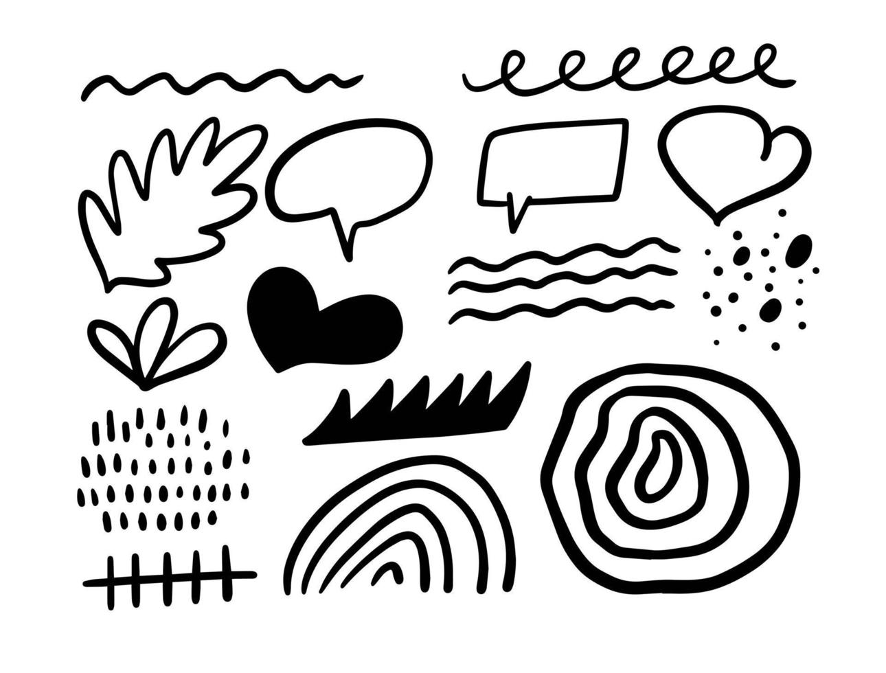 Hand drawn black color abstract objects set. Vector doodle style.