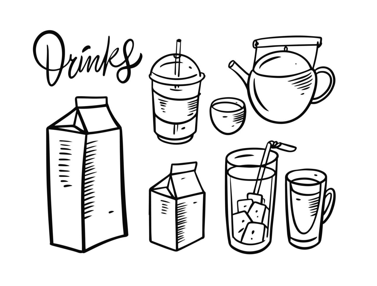 Drinks elements set. Doodle style. Teapot, milk, juice and more drinks vector