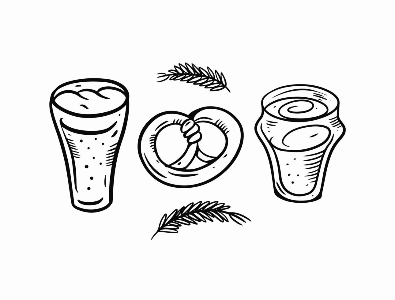 Beer mugs and pretzel. Hand drawn doodle style vector art.
