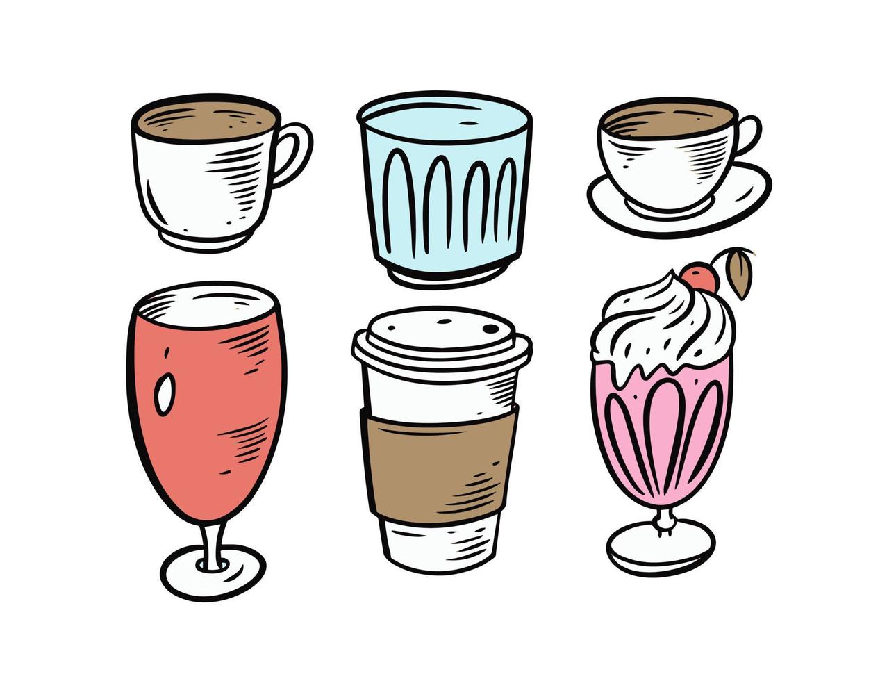 Drinks mugs set. Colorful cartoon style. Vector illustration.