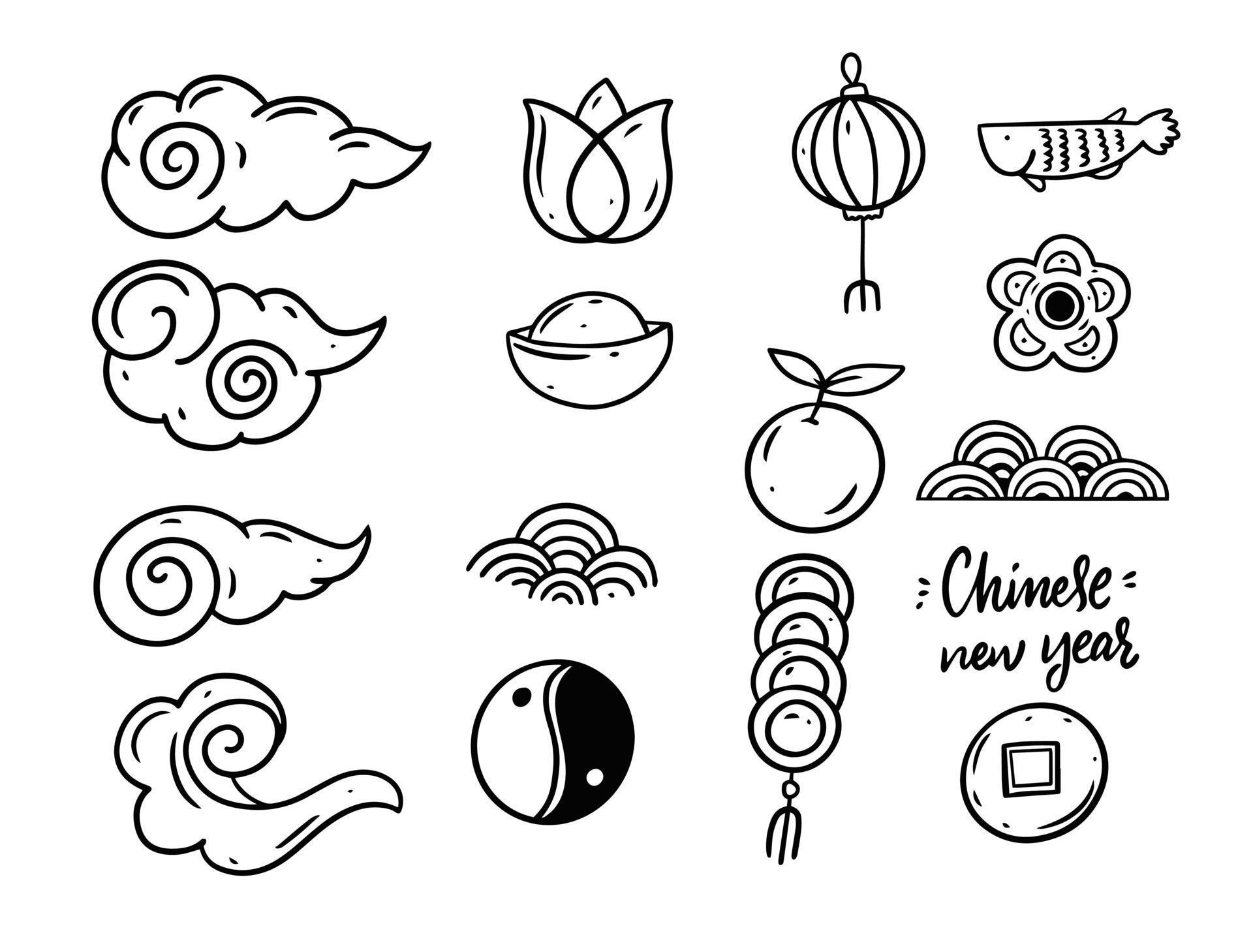 Hand draw Chinese new year doodle elements set. Black color decoration objects. 21959421 Vector