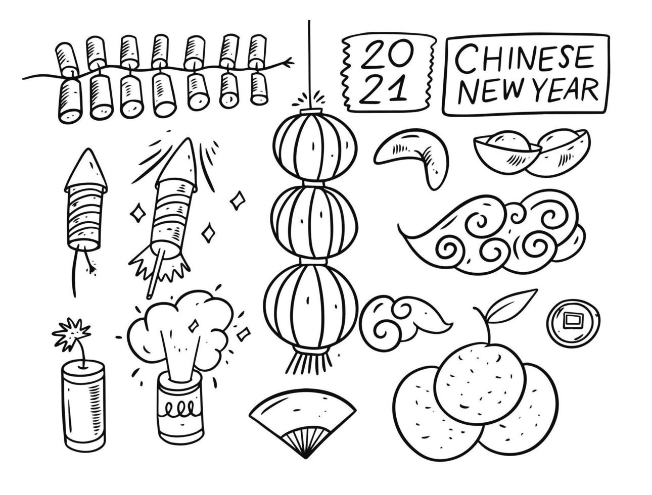 Hand draw Chinese New Year black color elements. Sketch style vector illustration.