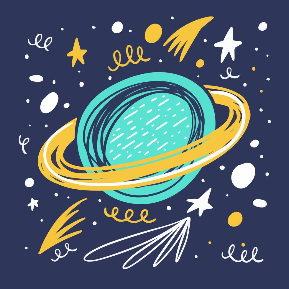 Cartoon style planet in cosmic space. Hand drawn colorful doodle. vector