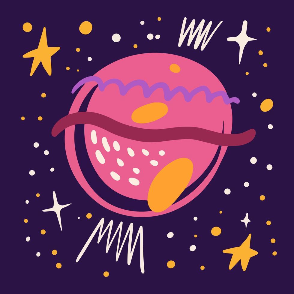 Cartoon doodle planet in cosmos. Adventure space. Stars and solar system. vector