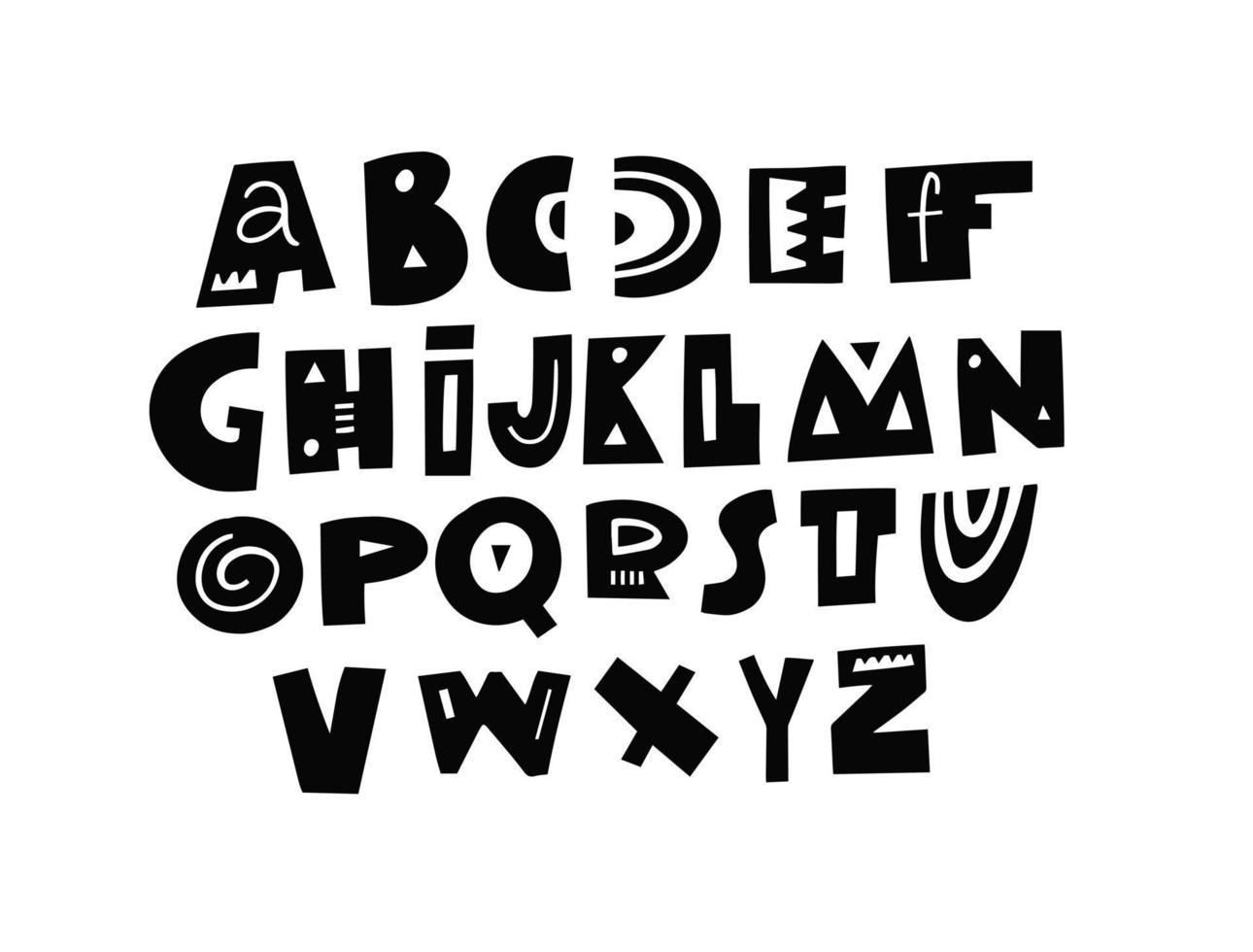 Black color modern decorative alphabet. Cartoon scandinavian style. vector
