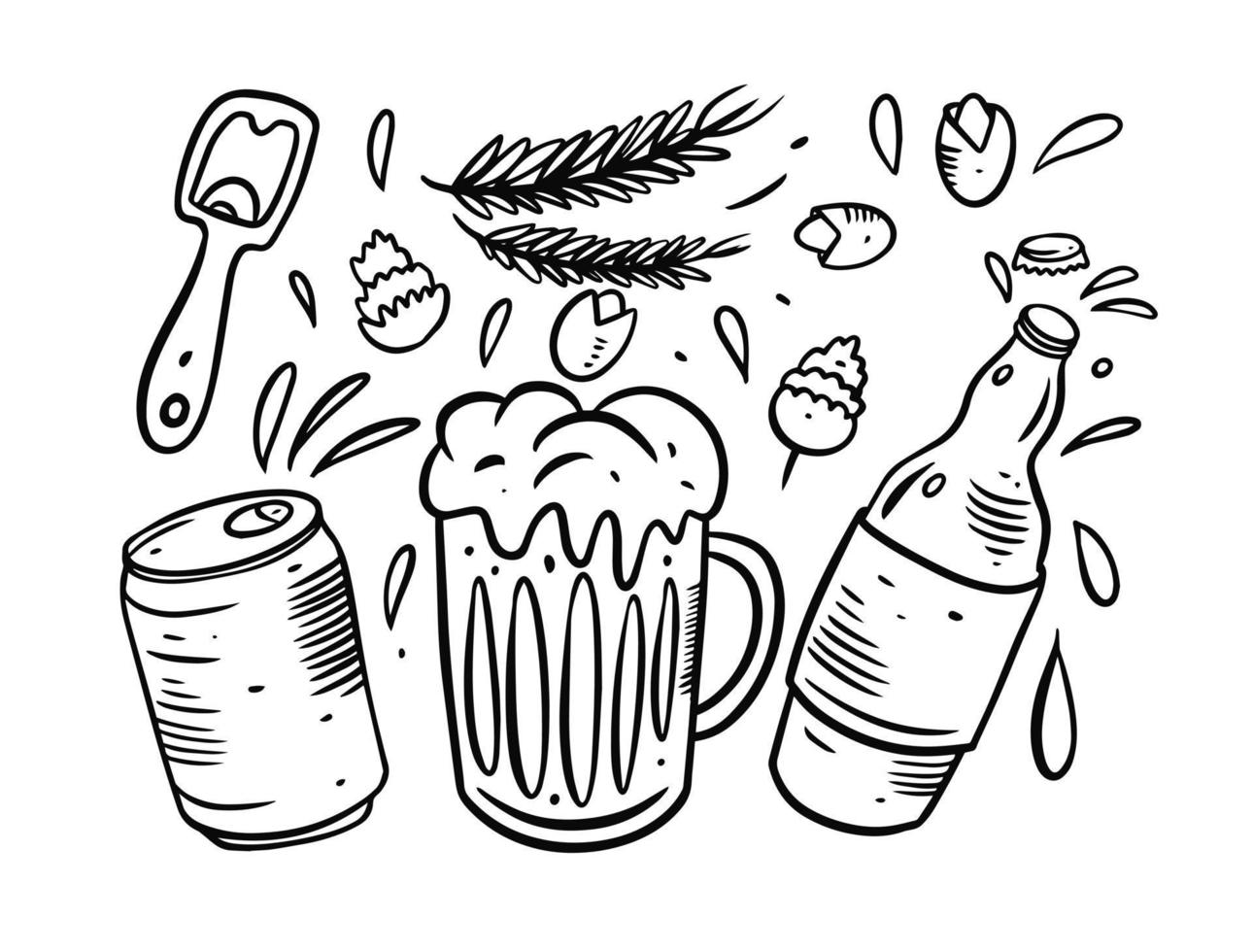 Beer elements set. Hand drawn black color doodle. Vector illustration.