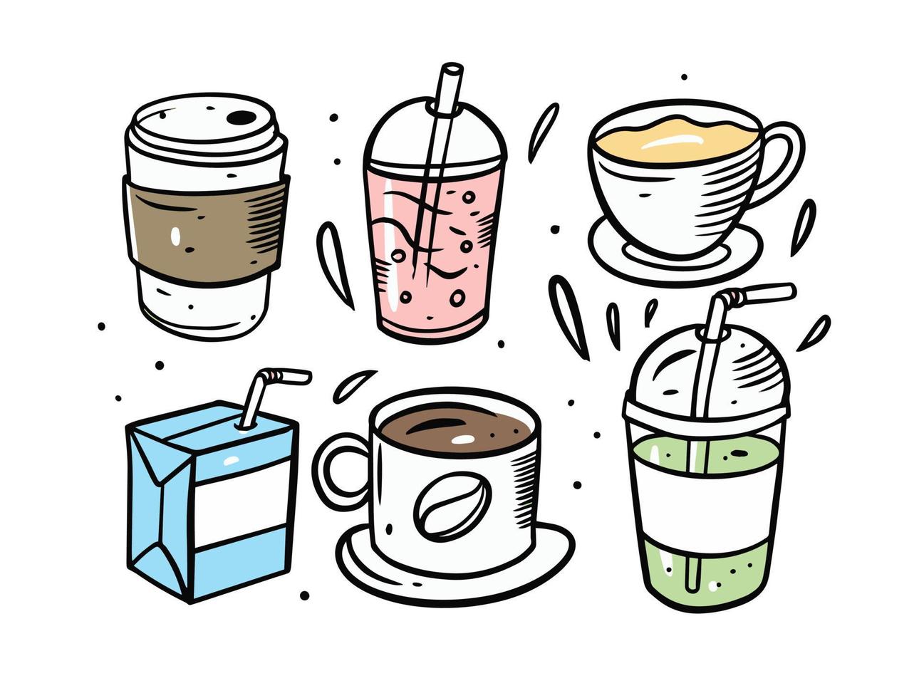 Drinks cups and mugs. Cartoon doodle style elements. vector