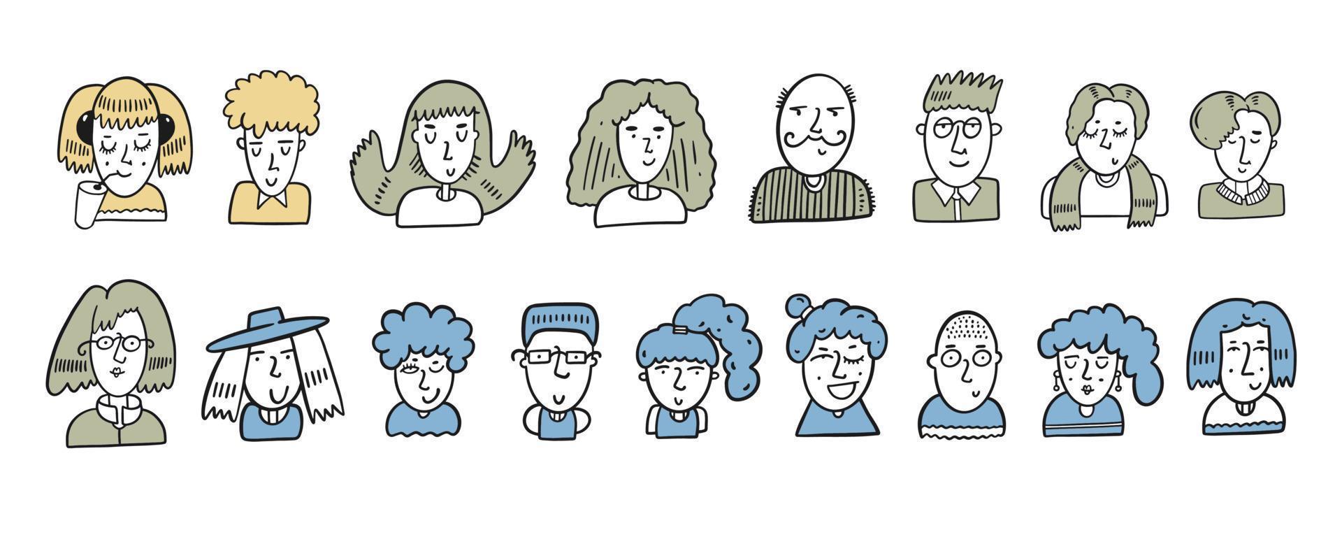 Doodle faces people set. Outline hand drawn cartoon style vector illustration.