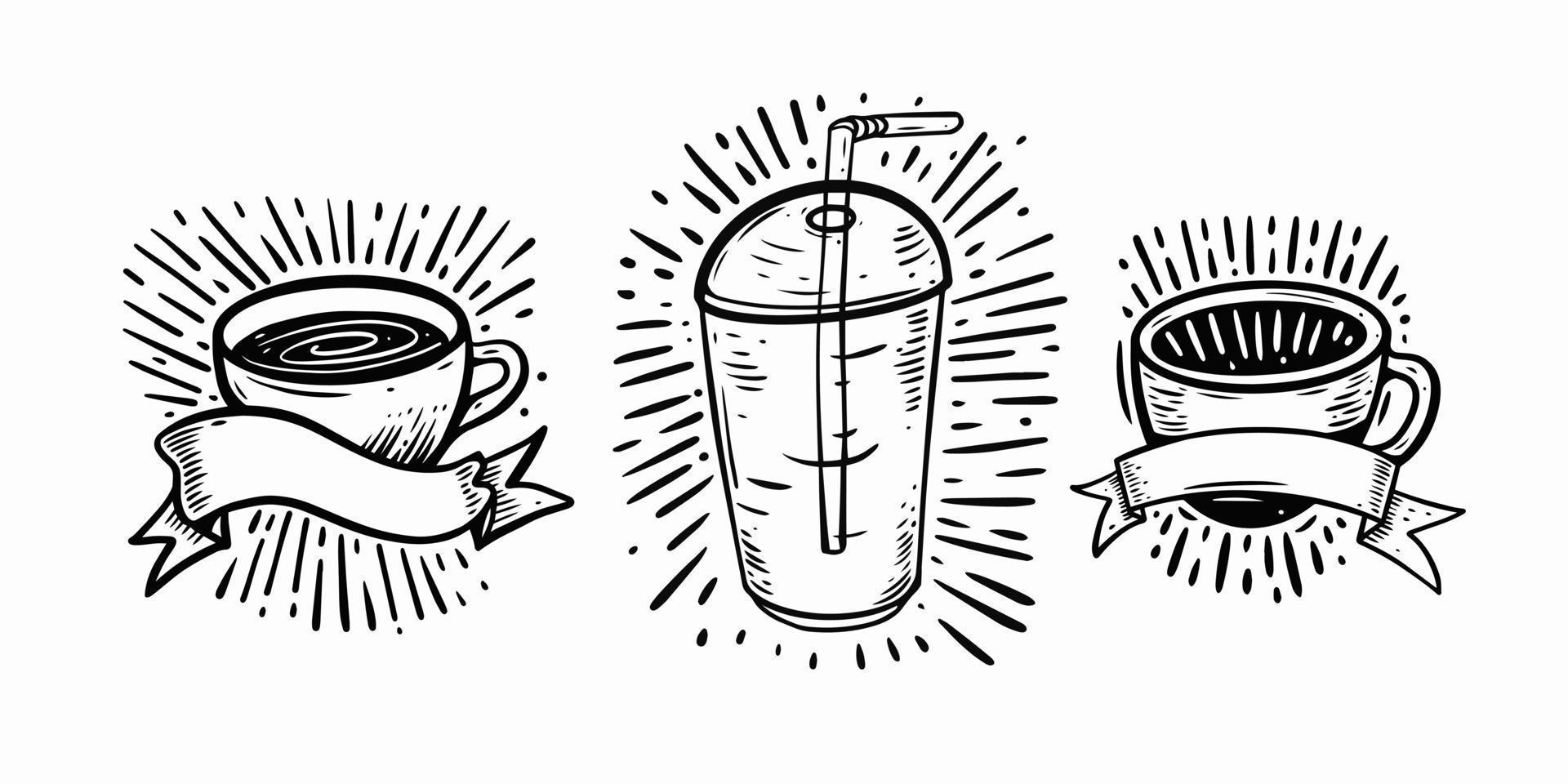 Mug, cup and transparent glass. Hand drawn black color realistic sketch style. vector