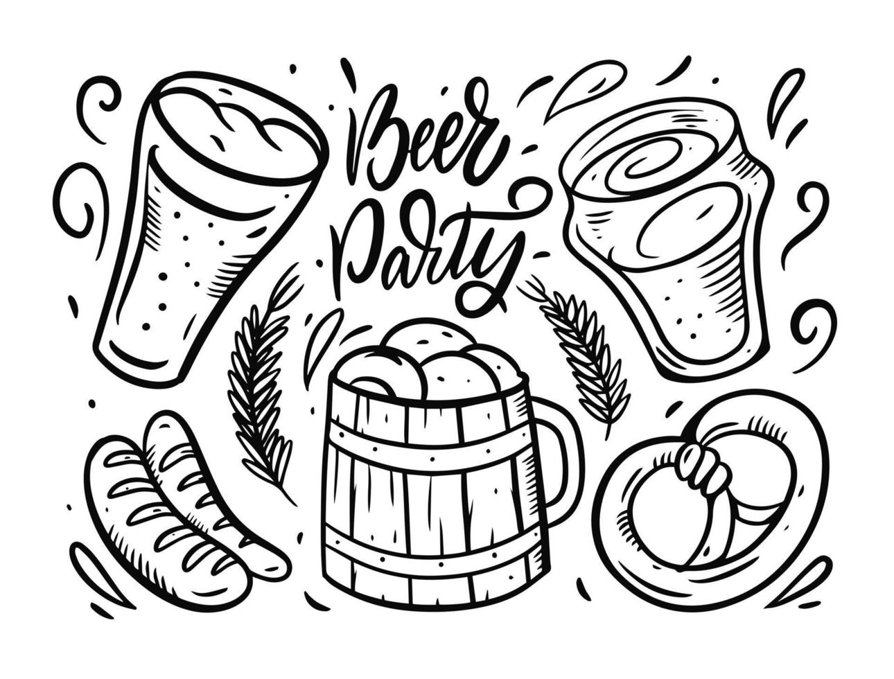 Beer party vector composition. Hand drawn black color vector illustration.