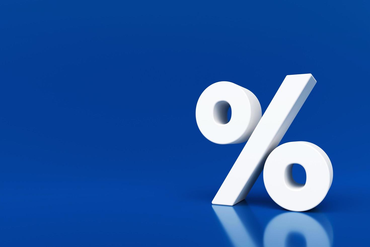 White percentage mark symbol on blue background with blurred reflection on floor, 3d rendering photo