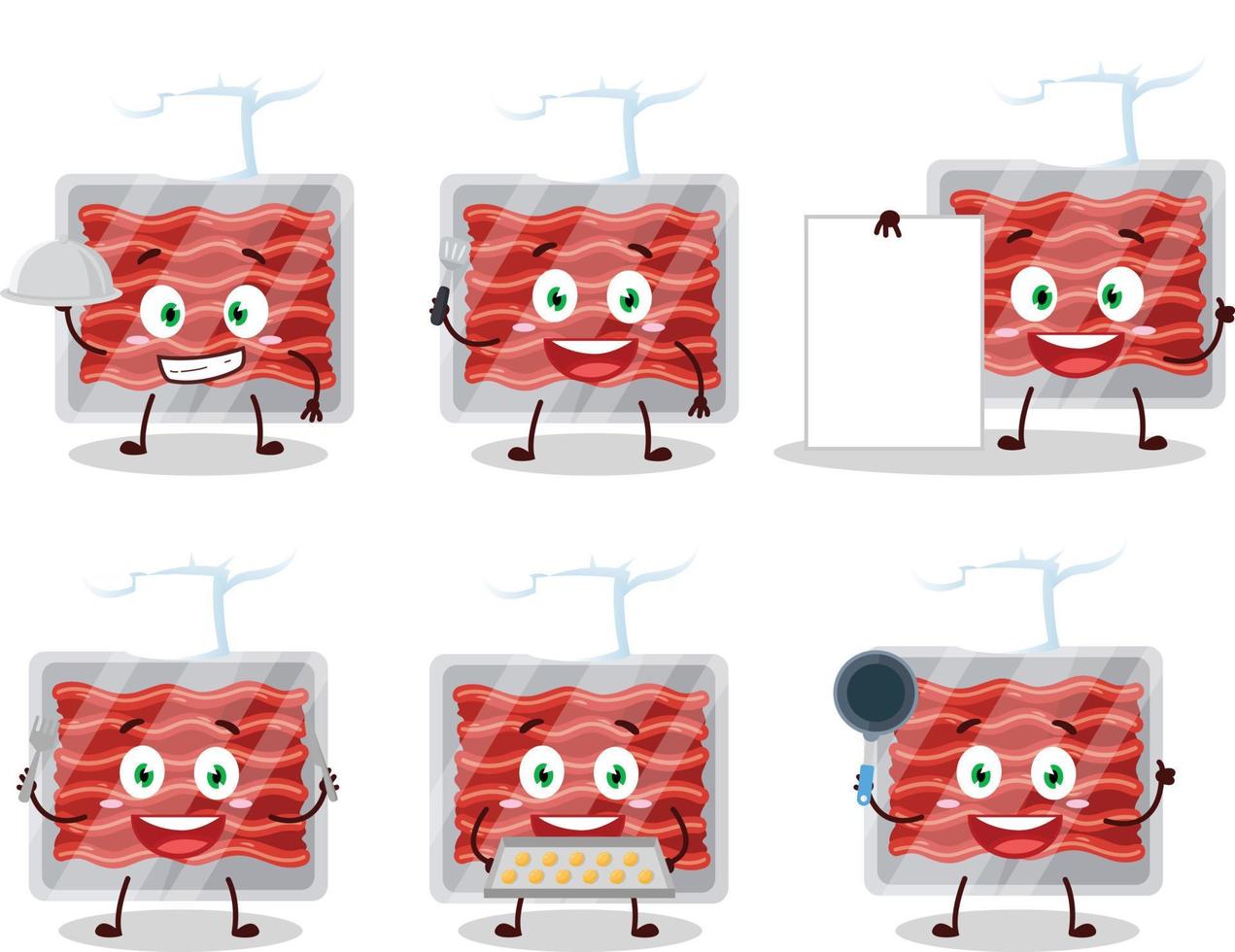 dibujos animados personaje de suelo carne con varios cocinero emoticones vector