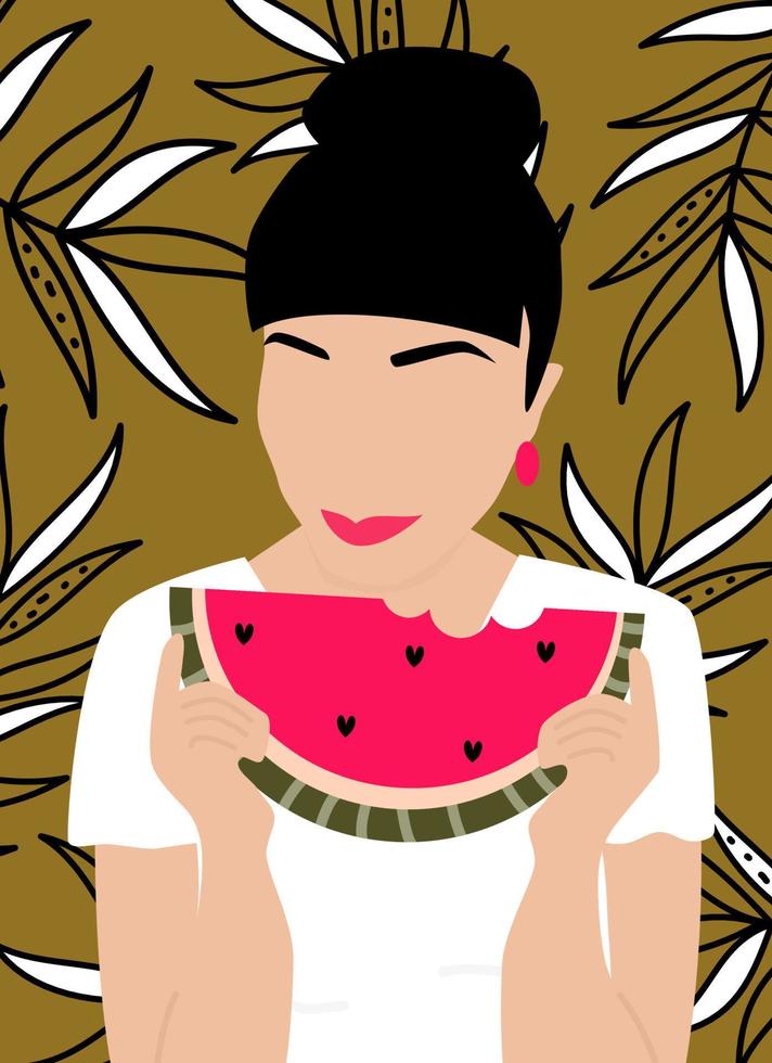beautiful abstract boho female portrait with watermelon slice modern trendy vector poster illustration with hand drawn leaves background
