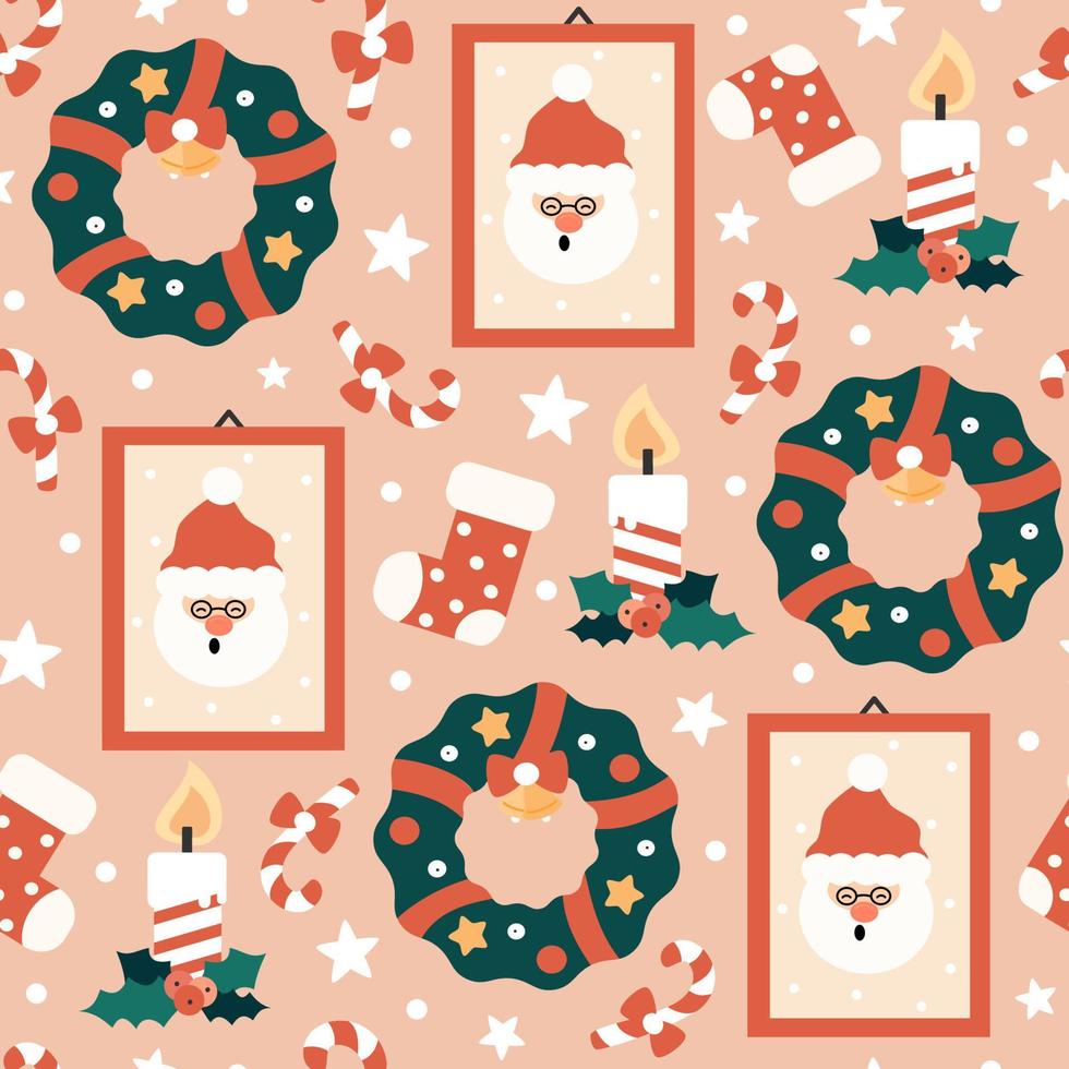 Cute colorful holiday seamless vector pattern cartoon illustration with christmas elements