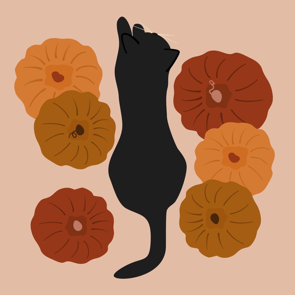 cute cartoon fall autumn holiday vector illustration with black cat and pumpkins
