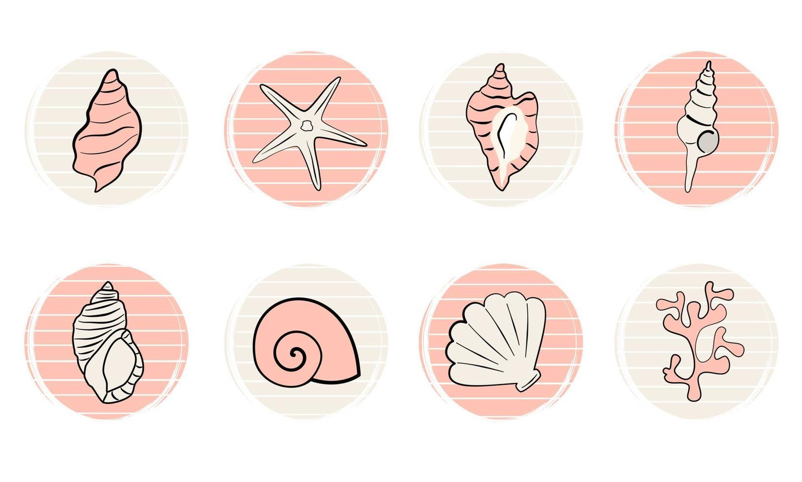Vector set of logo design templates, icons and badges for social media highlights with cute seashells and coral elements