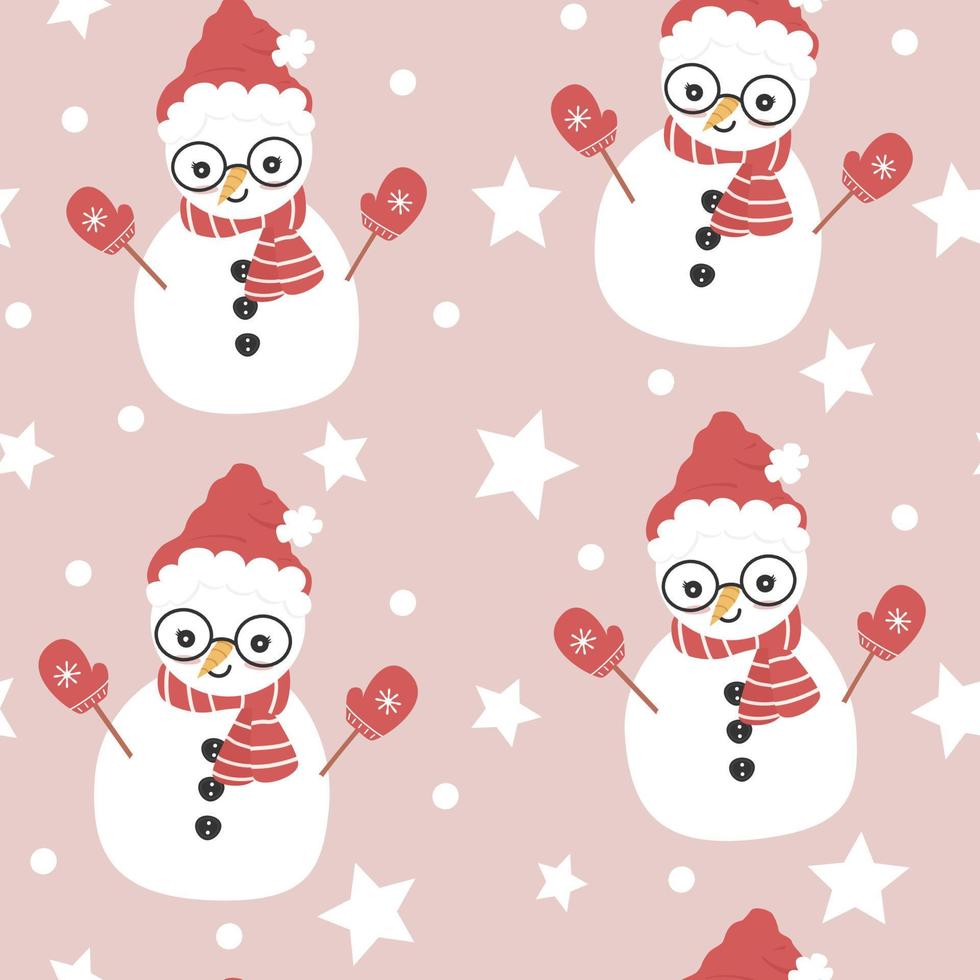 linda invierno Días festivos sin costura vector modelo ilustración con dibujos animados personaje muñeco de nieve, estrellas y nieve en rosado antecedentes