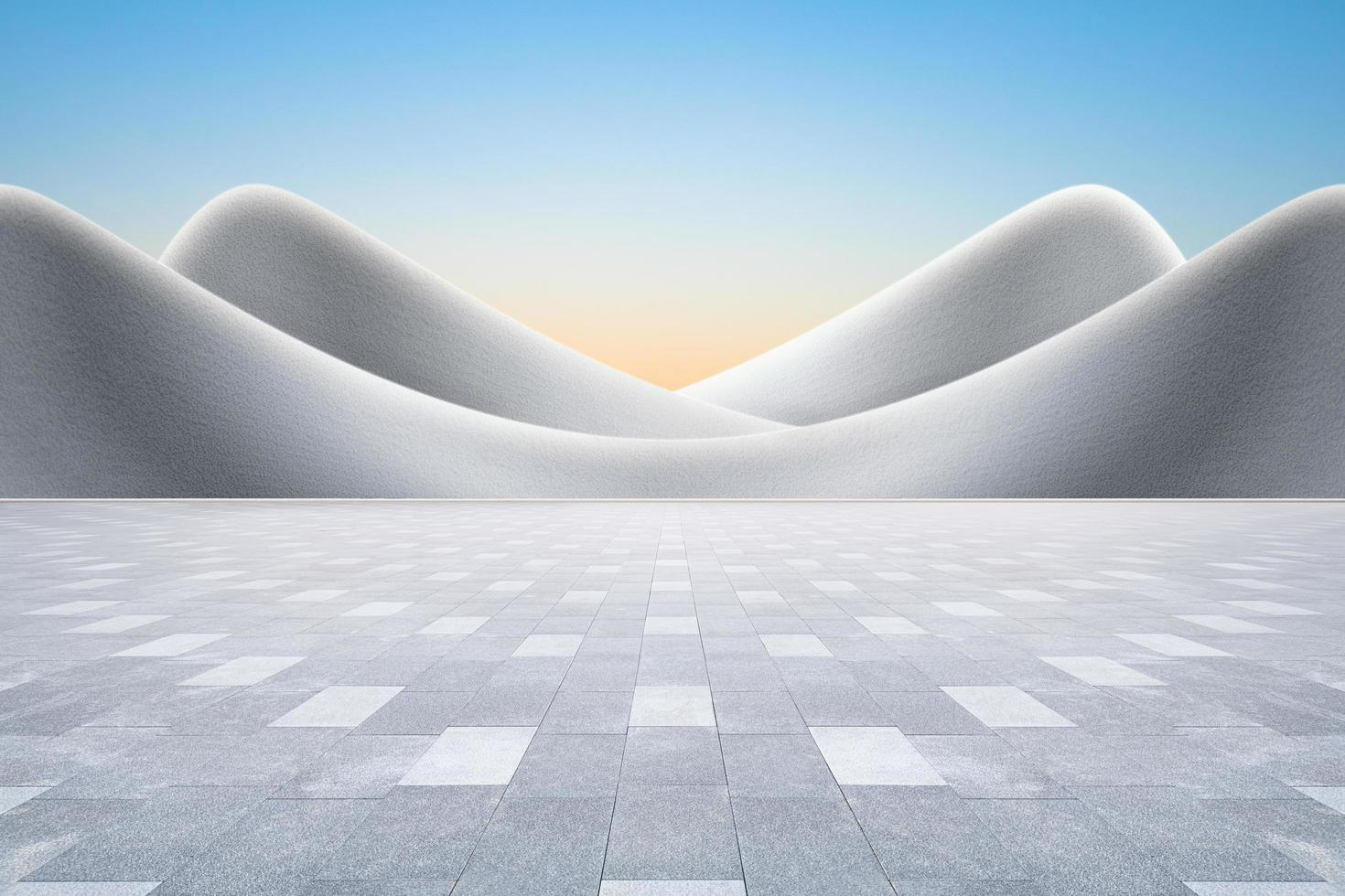 Empty concrete floor and curved walls. modern building with clear sky background. photo