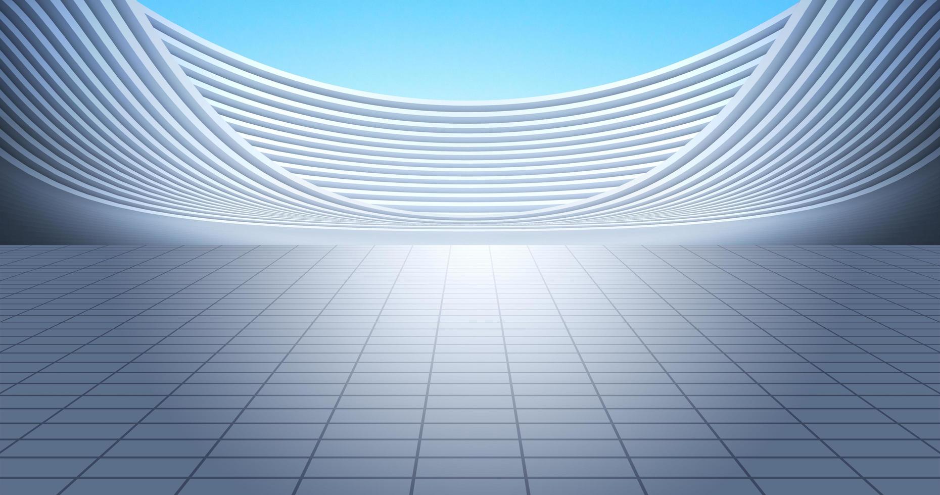 Modern silver curved building with ground, with bright sky background. 3D rendering illustration. photo