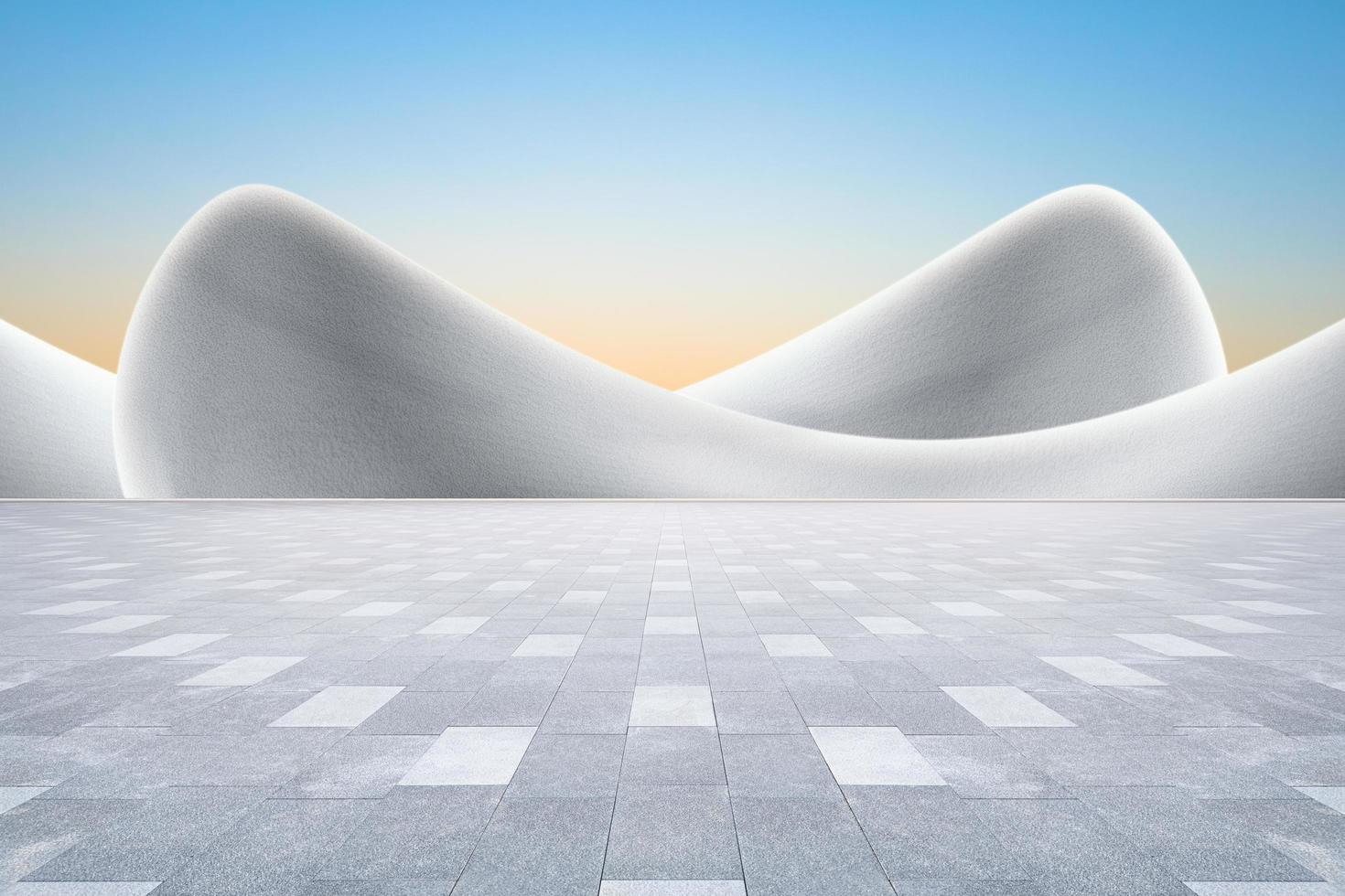 Empty concrete floor and curved walls. modern building with clear sky background. photo