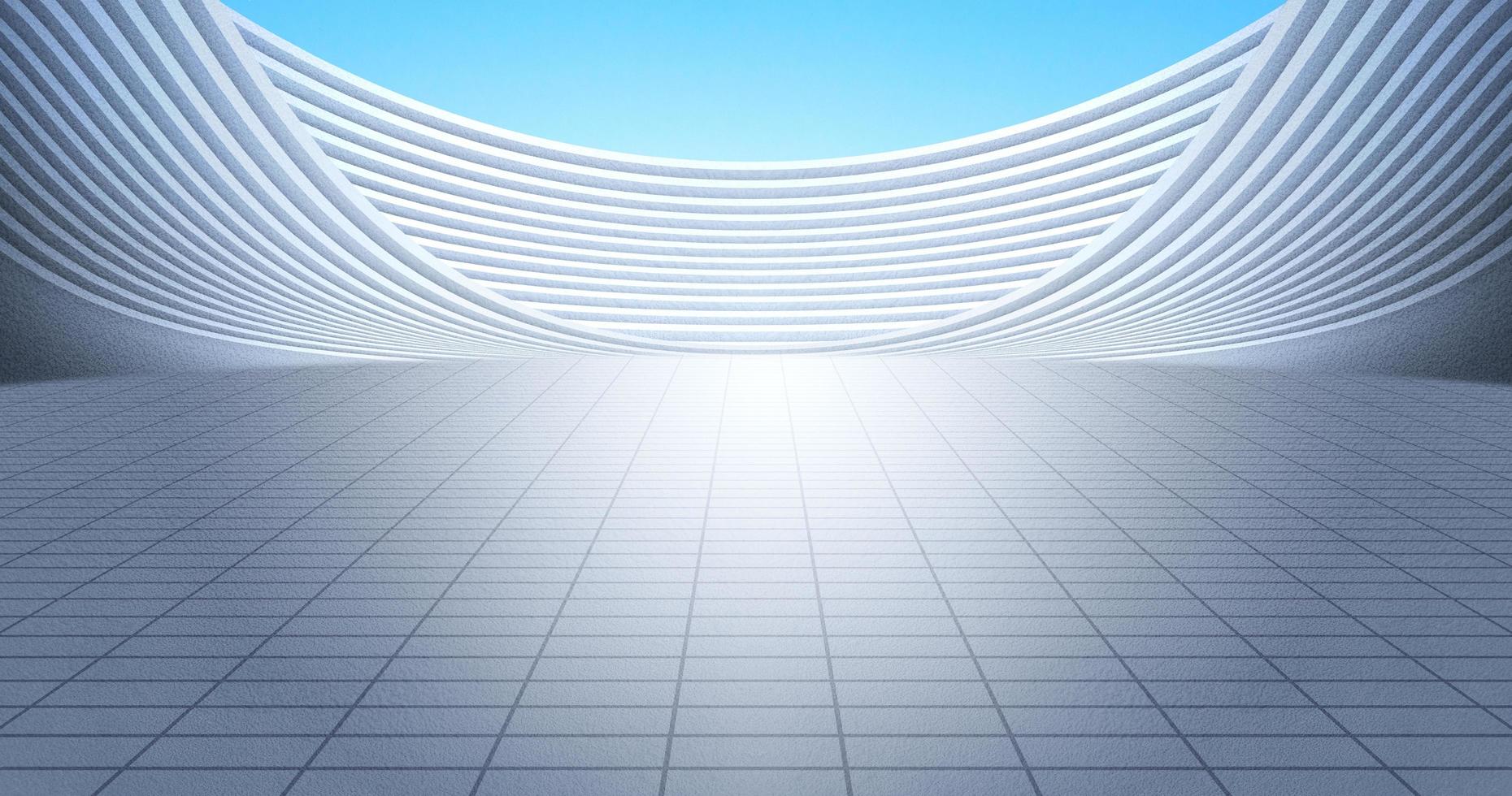 Modern silver curved building with ground, with bright sky background. 3D rendering illustration. photo