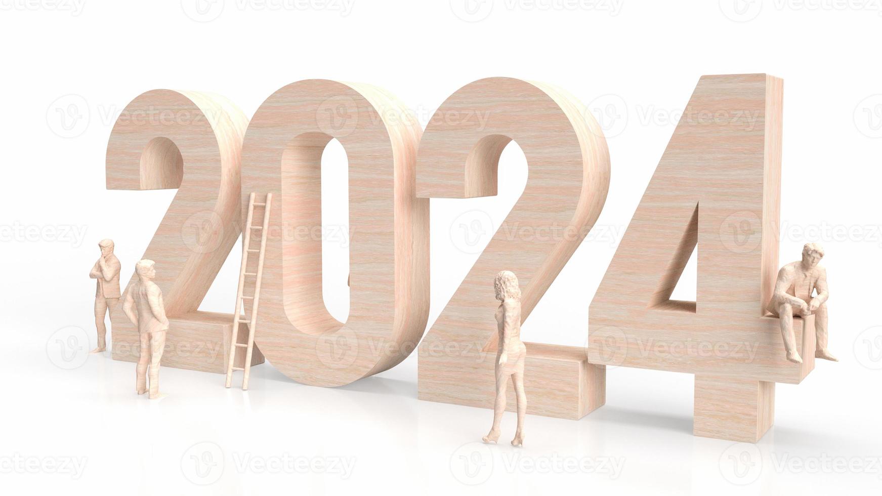 The wood 2024 number and business man on white background  3d rendering photo