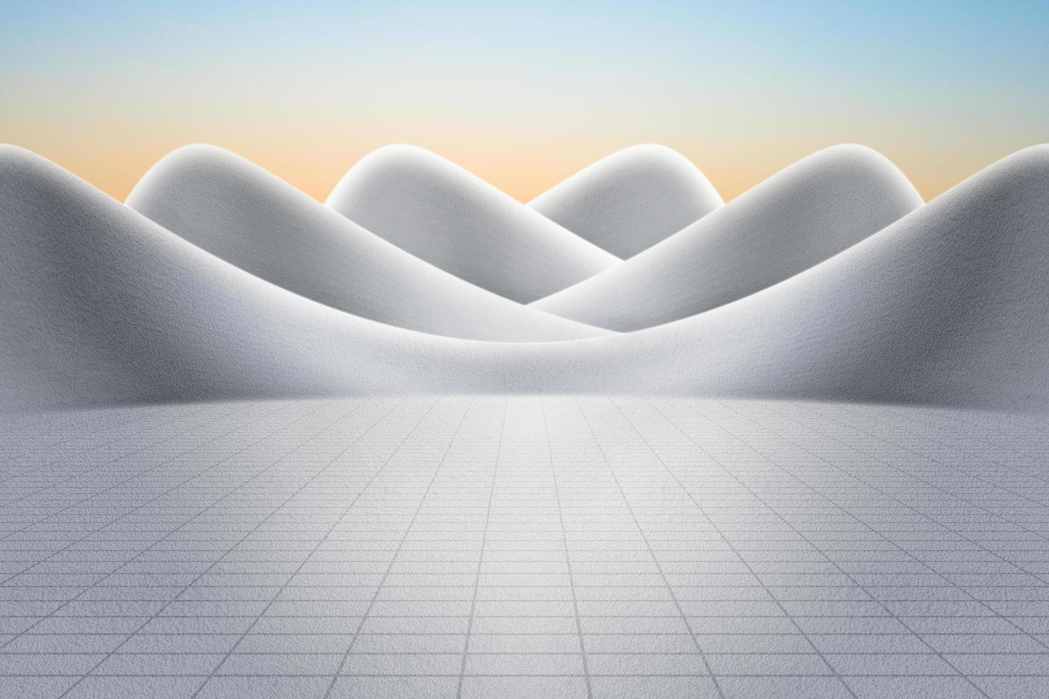 Empty concrete asphalt floor plaza and gray abstract curved walls. 3D rendering of modern architecture with clear sky background. photo