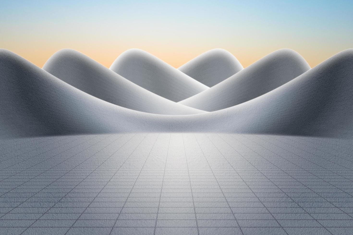 Empty concrete asphalt floor plaza and gray abstract curved walls. 3D rendering of modern architecture with clear sky background. photo