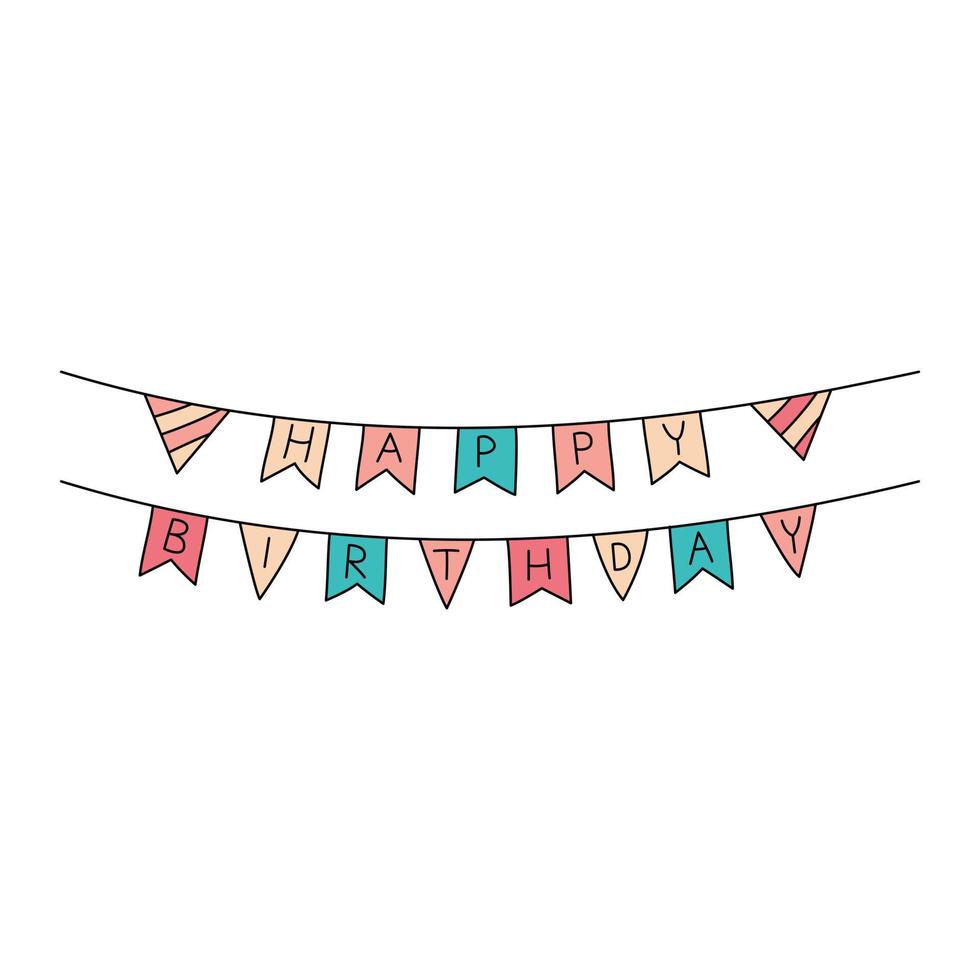 Happy birthday flags. Bday party doodles. Vector hand drawn kid hanging banner. Scribble outline illustration of festive birthday garland