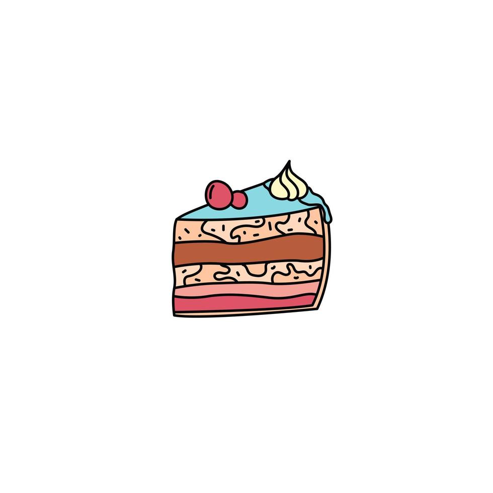 Cake piece doodle. Vector colorful hand drawn food. Kid birthday treat cut cake. Scribble outline illustration