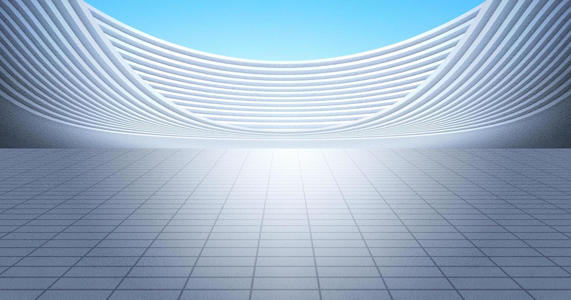 Modern silver curved building with ground, with bright sky background. 3D rendering illustration. photo