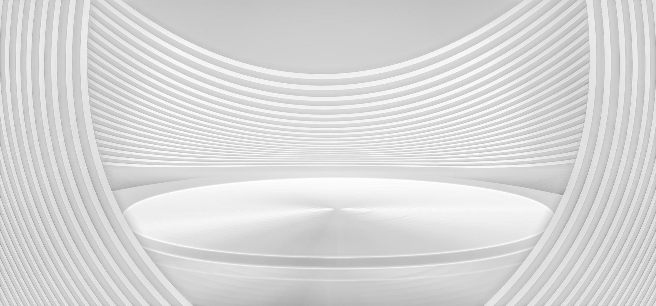 Empty booth in white interior with curved walls 3D rendering photo