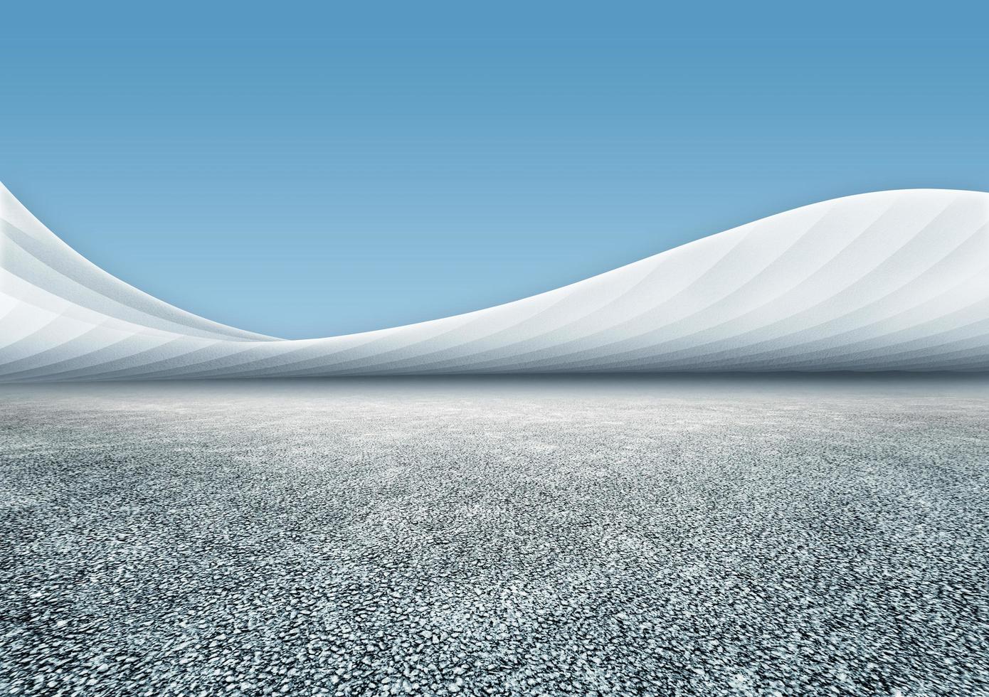 Asphalt floor with curved art building with bright sky background photo