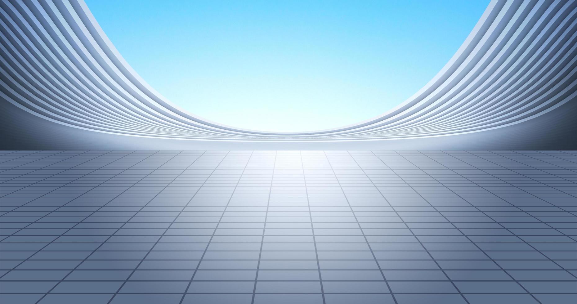 Modern silver curved building with ground, with bright sky background. 3D rendering illustration. photo