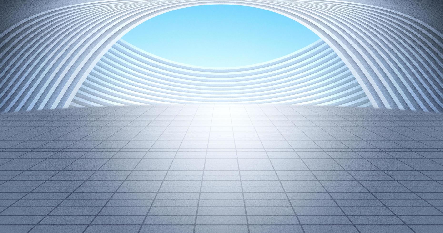 Modern silver curved building with ground, with bright sky background. 3D rendering illustration. photo