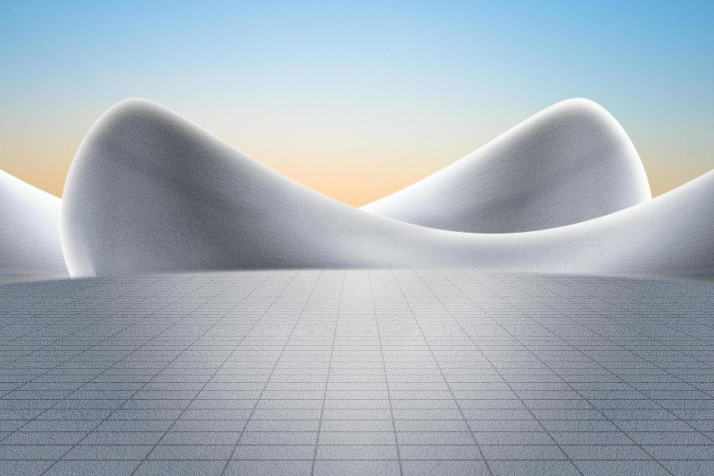 Empty concrete asphalt floor plaza and gray abstract curved walls. 3D rendering of modern architecture with clear sky background. photo