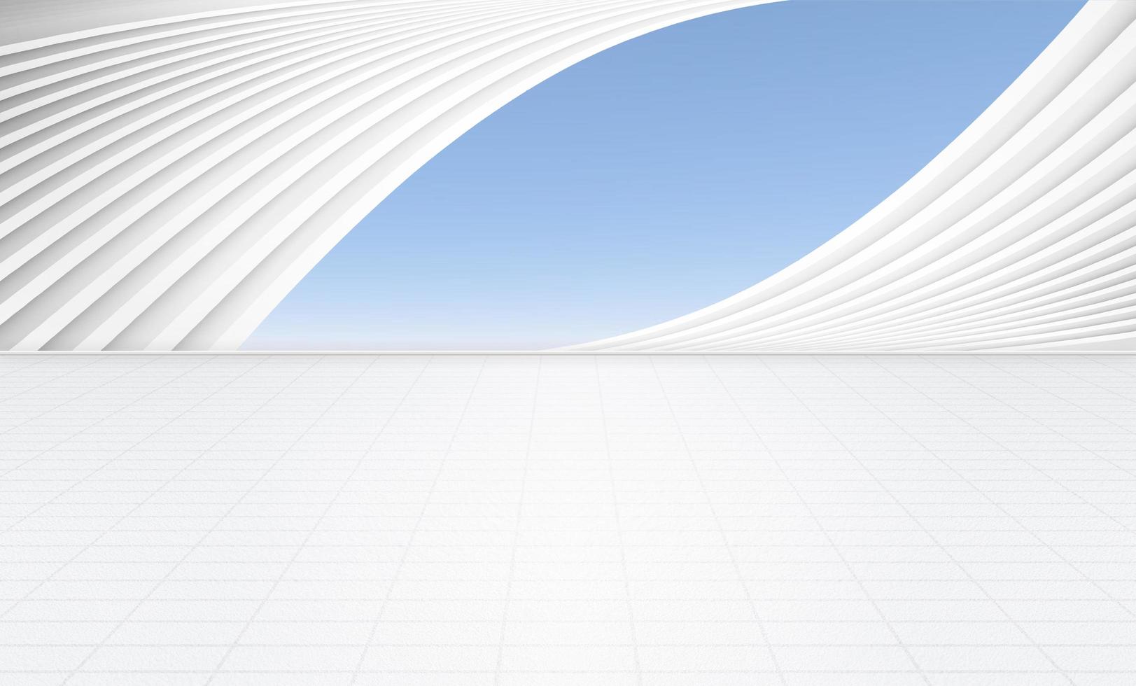 moderno blanco curvo edificio con hormigón pavimento con brillante cielo antecedentes foto
