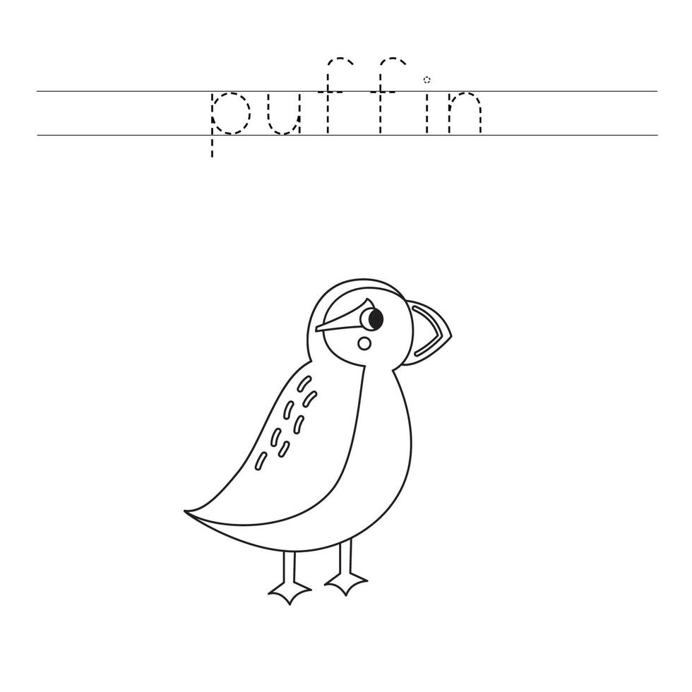 Trace the letters and color cartoon puffin. Handwriting practice for kids. vector