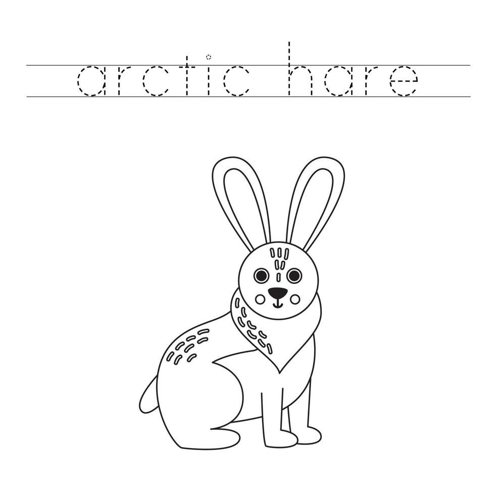 Trace the letters and color cartoon arctic hare. Handwriting practice for kids. vector