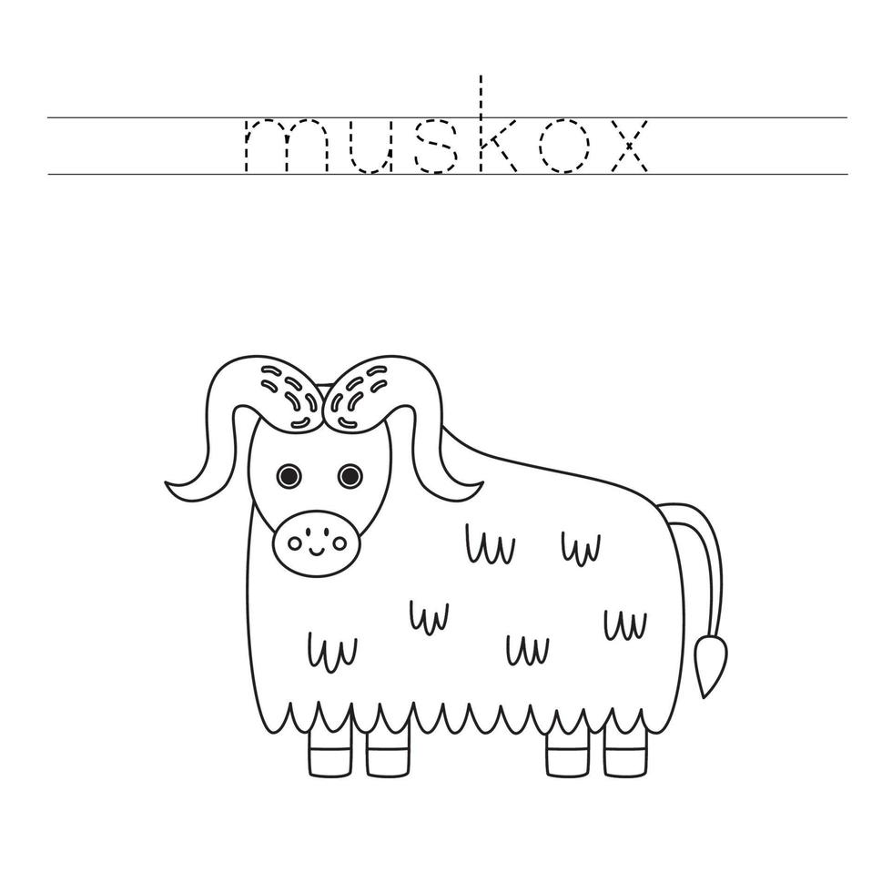 Trace the letters and color cartoon musk ox. Handwriting practice for kids. vector