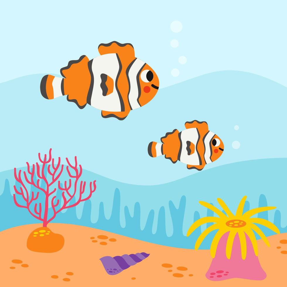 Vector illustration of cartoon clownfish. underwater life.